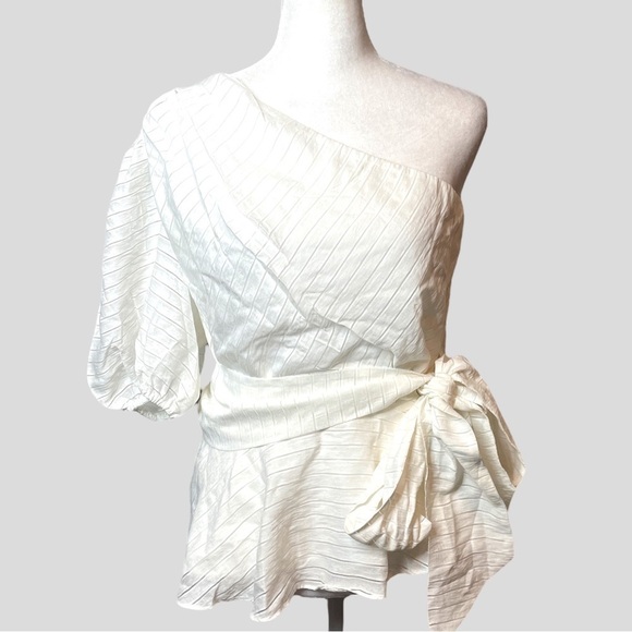 Nine West One Shoulder Shirred Tie Waist Peplum Top in White, Size XL Womens - Picture 2 of 9